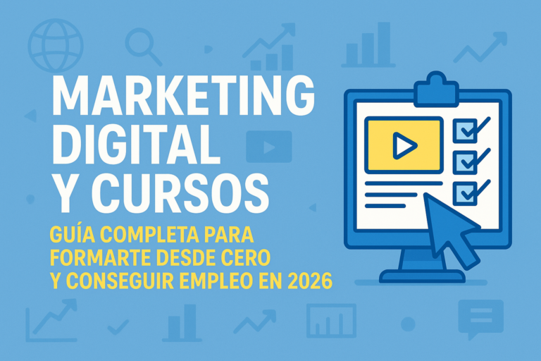 Portada del blog sobre Marketing Digital y cursos, con elementos gráficos de aprendizaje en línea y un diseño en tonos azules.