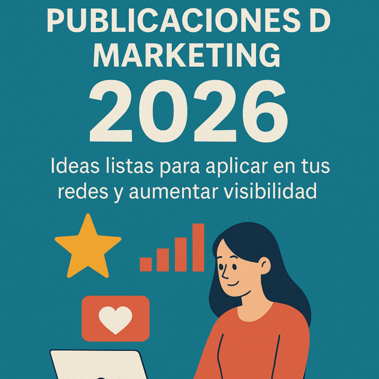 Ilustración de una creadora de contenido trabajando en su laptop con iconos de redes sociales, métricas y crecimiento digital, representando las mejores publicaciones de marketing en 2026.