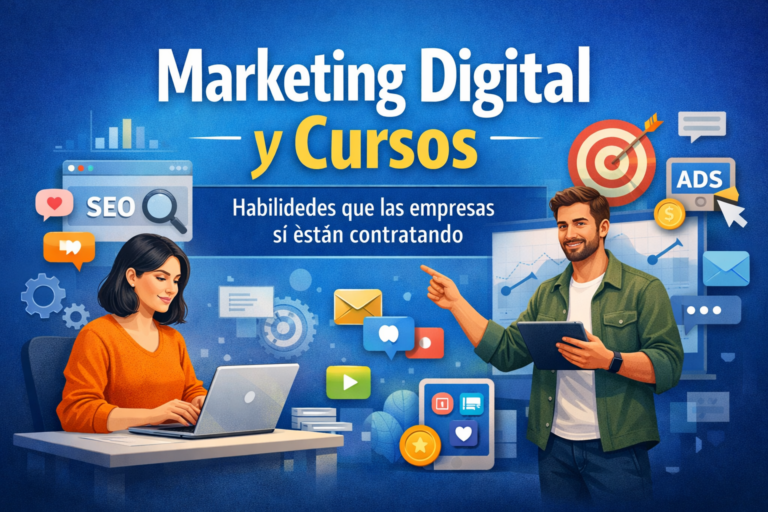 Profesionales trabajando en marketing digital y cursos prácticos con herramientas como SEO, analítica, publicidad online y automatización.