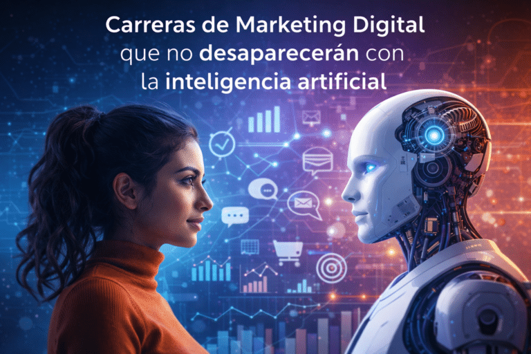 Carreras de marketing digital frente a la inteligencia artificial, mostrando la interacción entre profesionales humanos y tecnología avanzada.