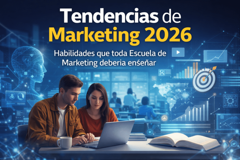 Estudiantes analizando estrategias de marketing digital frente a una laptop, rodeados de gráficos, datos y elementos tecnológicos que representan las tendencias de marketing 2026.