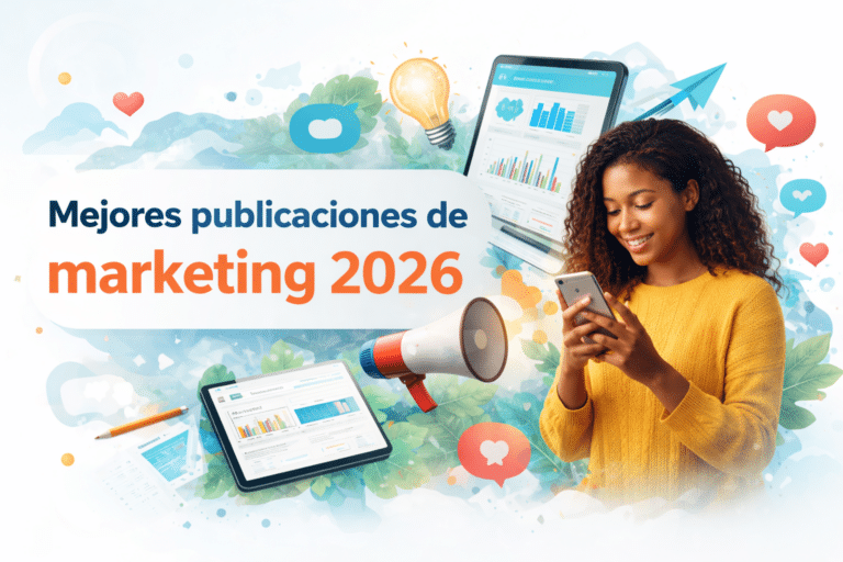 Persona usando un teléfono móvil rodeada de gráficos, iconos digitales y métricas, representando las mejores publicaciones de marketing 2026 y el impacto del contenido digital.
