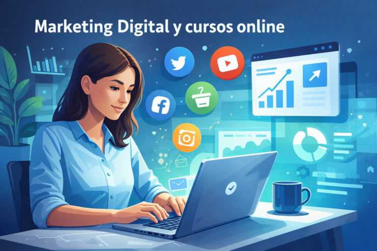 Ilustración de una mujer aprendiendo marketing digital en una laptop, rodeada de íconos de analítica, redes sociales y estrategias online.